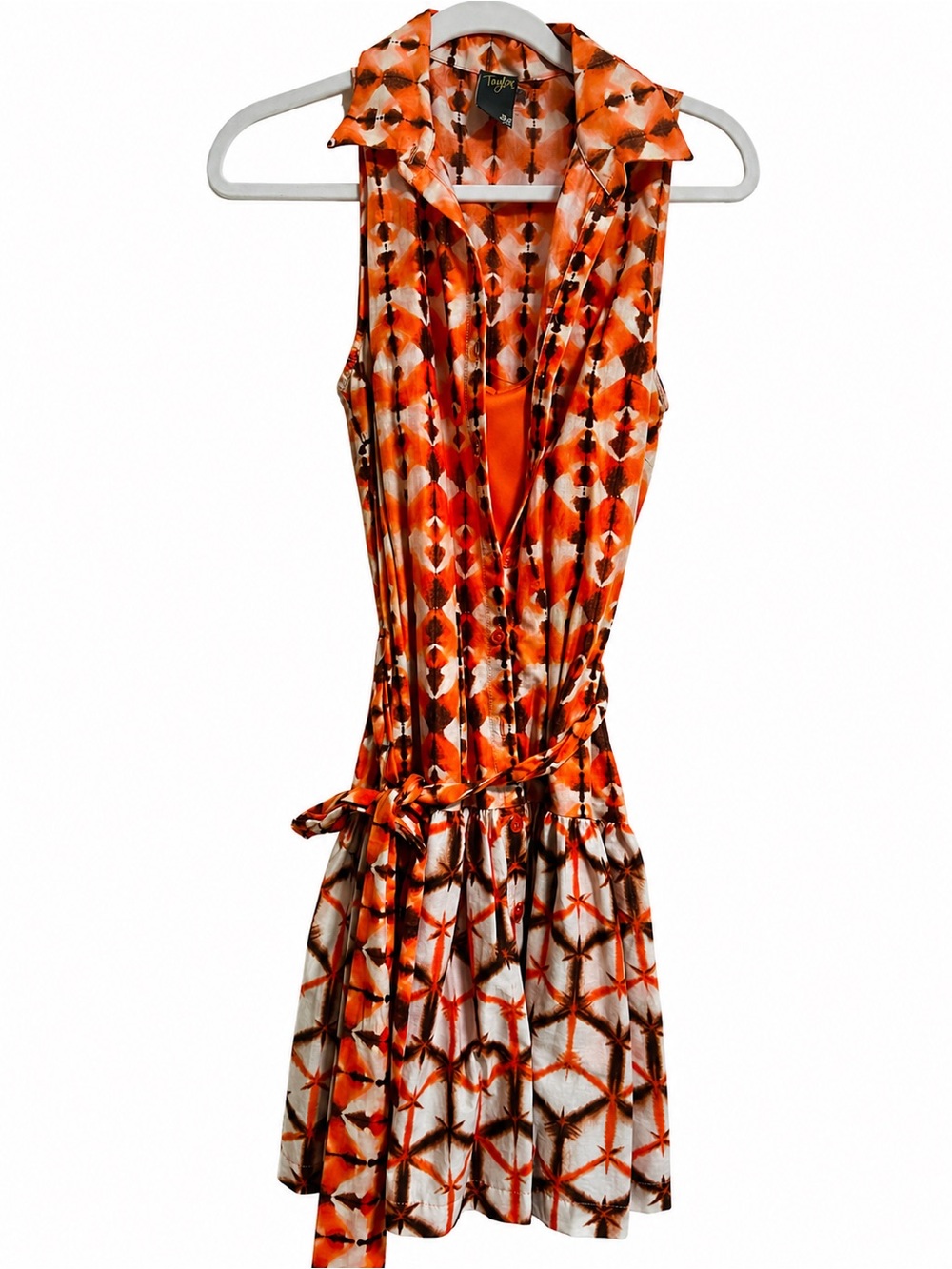 Taylor Orange and White Printed Sleeveless Wrap Mini Dress